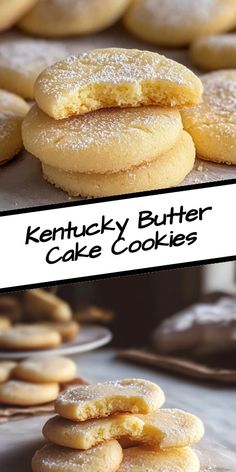 cookies are stacked on top of each other with the words kentucky butter cake cookies above them