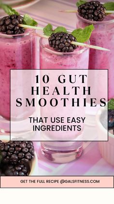 smoothies with berries and mints in small glass jars on a pink tablecloth text reads, 10 gutt health smoothies that use easy ingredients