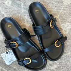 Nwt. Black With Gold Buckles. 1 Inch Sole. Zara Black Sandals, Zara Flats, Zara Sandals, Black Slides, Buckle Sandals, Zara Shoes, Zara Black, Black Sandals, Women's Shoes Sandals