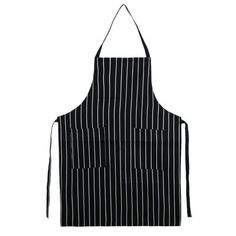 a black and white striped apron hanging on a wall