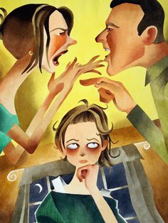 a painting of three people eating food in front of a man with his mouth open