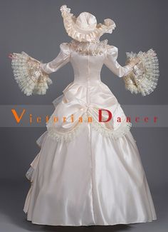 Champagne Baroque Rococo Marie Antoinette Dress Reenactment Revolutionary Victorian Costume   Condition: Brand New  Color: amp;nbsp; As Picture  Material: Satins And Lace  Silhouette: Ball Gown  Sleeve Length: Long Sleeve  Dresses Length:Floor-Length  Neckline: O-Neck  Decoration: Lace  Style: Vintage   Includes: Dress + Hat   More Detail: About 45 inches (114 cm) long from waist to hem regardless of size. This dress is pictured with a 4-hoop skirt underneath to achieve the look. Hoop skirts are Elegant Baroque Medieval Dress For Fancy Dress, Elegant Victorian Dress For Theater With Baroque Style, Marie Antoinette Victorian Dress With Ruffles For Costume Party, Elegant Baroque Victorian Dress For Theater, Elegant White Medieval Dress For Costume Party, Fitted Medieval Wedding Dress With Ruffles, Fitted Victorian Baroque Dress In Marie Antoinette Style, Fitted Victorian Marie Antoinette Dress, Fitted Victorian Dress In Marie Antoinette Style