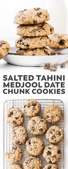 chocolate chip cookies stacked on top of each other with the words salted tahn, mehro - oatmeal and chunk cookies