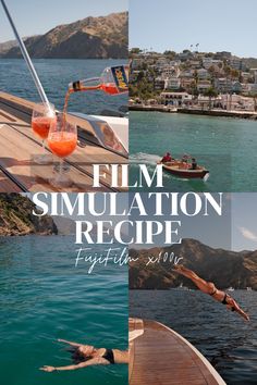 the film simulation recipe is shown in three different pictures, including a man floating on a boat