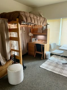 #dorm #dormdecor #dormlife #dormroomdesigns #neutral #neutralhomedecor #freshman #rug #bed #bedroom #loftstyle #loftbedroom #loft #comforter #storage #cozy #home Lofted Beds Dorm, Dorm Loft Bed Ideas Layout, Dorm With Lofted Bed, Dorm Room Lofted Bed Ideas, Dorm Room Lofted Bed, Aesthetic Bunk Bed, Lofted Bed Dorm, Dorm Room Ideas Lofted Bed, Lofted Bed Dorm Room Ideas