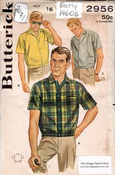 "~ Circa/Date: Early 1960s ~ Details:  Three Style Variation Men's SPORTS SHIRT ~ Size/Measurements (Inches):     ~ Size: 16    ~ CHEST: 42\"\" ~ NECK: 16    ~ Waist: ~    ~ Hip: ~  (INCHES) ~ Please Note: ~ You are buying a 'Professional Reproduced' copy of this sewing pattern. Copied from the original sewing pattern. Produced in Full Scale Pattern Pieces ready to cut with full instructions included. Reproduced on high quality 50 gm paper with black ink, durable and easier for reuse. Printed by a Professional Printing Company.   ~ With this product comes an accompanying 'Booklet' and inside the Booklet it includes: ~ A 2-page Instructions and Illustrations on 'How to Adjust Your pattern to your Personal Measurement.' ~ Personal Measurement Chart ~ Body Form Illustrations ~ Fitting Checkli 1960s Menswear, Lana Lobell, Clybourne Park, 1950s Men, Corner Booth, 1950s Mens Fashion, 60s Men, 1950s Mens, 1950 Fashion