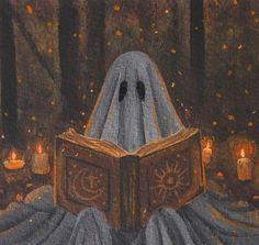 a painting of a ghost reading a book in the woods with lit candles around it