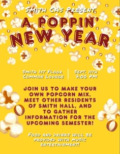 a flyer for a new year party with popcorn