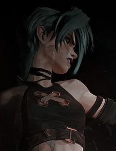 a woman with green hair and black clothes