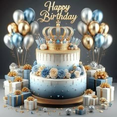 a blue and gold birthday cake surrounded by gift boxes, presents and balloons with the words happy birthday written on top