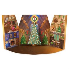 an open christmas card with a lit up tree in the center and decorations around it