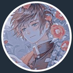 an anime character with flowers around his neck