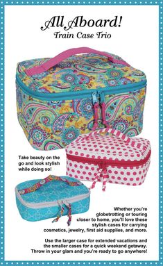 an advertisement for a travel bag with the words all aboard train case trio on it