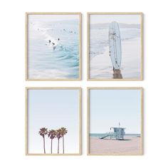 four framed photographs of the beach with palm trees and surfboards on it, along with surfers in the ocean