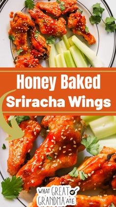 honey baked sriraca wings on a plate with celery