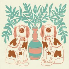 two dogs sitting in front of a vase with leaves