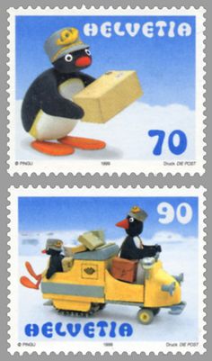 two stamps with penguins on them and one has a box in its hand, the other is