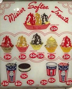 an ice cream parlor sign showing the different types of desserts