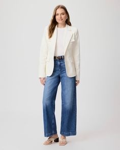 Upgrade your denim-on-denim look with our new Romona denim blazer. This elevated silhouette is made from supremely soft denim with a hint of stretch in a pale ivory shade with 4 utility flap pockets, a notch collar, and structured shoulder pads. | Romona Denim Blazer - Pale Ivory | Size 14 Denim On Denim Looks, Structured Shoulder, Friday Outfit, Denim Blazer, Notch Collar, Paige Denim, Business Casual Outfits, Casual Jeans, Denim Women