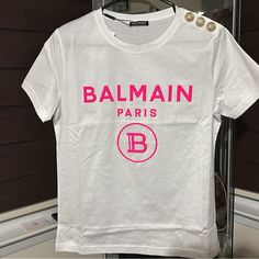 Brandnew With Tag Still Attached To It,Just Take Out From The Bag For Pictures.Selling For Funds. Can Sell It By Piece! Luxury White T-shirt With Letter Print, White Designer Logo T-shirt For Summer, Balmain Paris, The Bag, Dress Ideas, Take Out, Size 4, Cricut, Black White