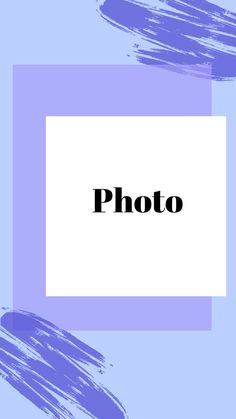 the word photo in black and white on a blue background with purple paint strokes around it