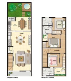 two story house plan with living room, dining area and bedroom on the first floor