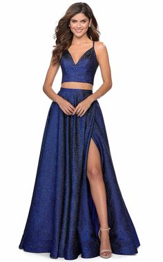 La Femme 28618 Marine Blue Formal Crop Top, Flowy Prom Dresses, Sparkly Crop Tops, Two Piece Gown, Matric Dance, Prom 2020, 2020 Prom Dresses, Prom Dress Ideas, Stunning Prom Dresses