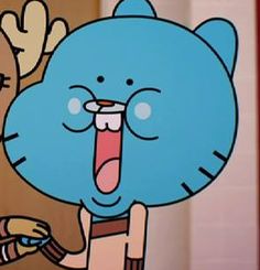 a cartoon character has his tongue out and is making a face with another character in the background