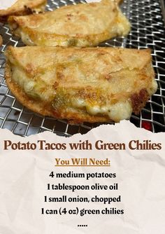 Ingredients:\n4 medium potatoes\n1 tbs olive oil\n1 small onion\n1 can green chilies\n1/2 tsp cumin\nSalt & pepper\n8 corn tortillas\n1 cup shredded lettuce\n1 cup cheddar cheese\nSour cream\nSalsa\n\nInstructions:\nBoil diced potatoes until tender. Add olive oil & onion to a skillet. Cook until translucent. Mash potatoes & add chilies, cumin, salt & pepper. Assemble tacos with potatoes, lettuce, cheese, sour cream & salsa.\n\n#PotatoTacos #VeggieTacos #Sourdough #MexicanFood #VeganRecipe Canned Green Chilies, Potato Tacos, Green Chiles, Easy Baking Recipes Desserts, Grandmas Recipes, Shredded Lettuce, Cheesy Potatoes, Corn Tortillas, Easy Baking Recipes