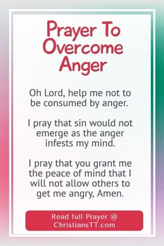 a prayer card with the words, prayer to overcome anger