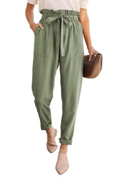 Green Paper Bag Elastic Waistband Casual Pants Casual Paperbag Waist Pants With Pockets, Versatile Paperbag Waist Pants With Pockets, Casual Spring Cargo Pants With Paperbag Waist, Casual Paperbag Waist Pants With Belt Loops, Casual Pants With Paperbag Waist And Belt Loops, Khaki Paperbag Waist Pants With Pockets, Casual Cargo Pants With Paperbag Waist, Spring Cargo Pants With Paperbag Waist, Green Paperbag Waist Pants For Summer