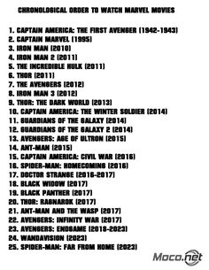 the list for captain america's first avengers movie is shown in black and white