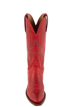 cowgirl boots  Lucchese stitch details  Material: Goat Toe Type: Lucchese 5-toe (snip) Heel Type: Lucchese 4-cowboy heel  Outsole: Leather  Insole: Cushioned leather Heel Height: 1 1/2" Shaft Height: 12" Care: Brush off with a damp cloth, apply with leather conditioner Manufactured: Handmade in Texas Red Fitted Boots For Rodeo, Fitted Red Boots For Rodeo, Red Snip Toe Boots For Western-themed Events, Western Red Boots With Snip Toe, Western Red Snip Toe Boots, Western Red Square Toe Boots, Red Western Boots With Square Toe, Red Square Toe Western Boots, Red Pointed Toe Boots For Western-themed Events