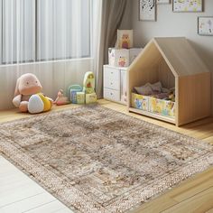 a child's room with a rug, toy house and toys on the floor