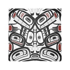 an art work with black and white designs on the front, including two totems