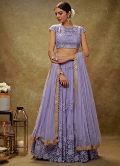 Lavender Floral Embroidered Lehenga Set Renee Label - Fabilicious Fashion Thread Work Lehenga, Lavender Lehenga, Bridal Crop Top, Kaftan Kurta, Cutwork Lace, Matching Embroidery, Kurta Lehenga, Net Skirt, Waistcoat Woman