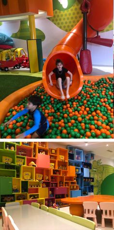 there are two pictures of children playing in the playroom