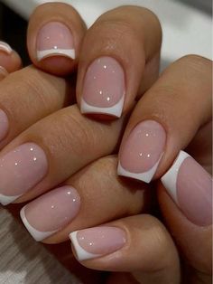 French Tip Nail Inspo Short, Small Round French Nails, French Nails Gel Short, Short Simple French Tip Nails, French Nails With Glitter Top Coat, Short Nail Inspo French Tip, French Short Nails Design, Short Nails White French, White French Nails Short