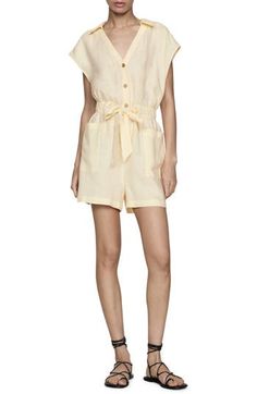 An ultralightweight all-linen design adds vacation-ready vibes to this easy romper tethered at the waist by a shaping drawstring. Front button closure Spread collar; V-neck Short sleeves Front patch pockets Drawstring waist 100% linen Machine wash, line dry Imported Summer Linen Jumpsuits And Rompers For A Day Out, Chic Linen Jumpsuits And Rompers For Summer, Summer Daywear Short Sleeve Jumpsuits And Rompers, Summer Daywear Jumpsuits And Rompers With Short Sleeves, Summer Short Sleeve Jumpsuits And Rompers For Daywear, Summer Jumpsuits And Rompers With Tie Waist, Summer Relaxed Fit Jumpsuits And Rompers With Tie Waist, Summer Vacation Linen Jumpsuits And Rompers, Summer Linen Jumpsuits And Rompers For Vacation