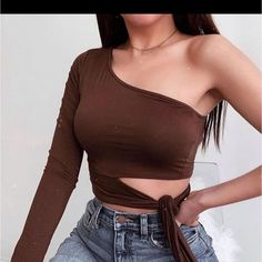 Fashion Nova One Shoulder Top Size Xs Brown Super Cute !! Open To All Offers Brand New Trendy Brown Crop Top For Spring, Brown Tops For Spring Night Out, Brown Top For Spring Night Out, Casual Brown Tops For Night Out, Casual Brown Crop Top For Party, Light Brown Top, Suede Crop Top, Puffy Sleeve Top, Ruffled Crop Top