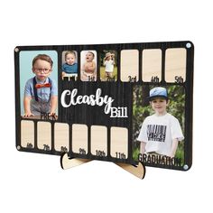 a wooden photo frame with four photos on it and the words classy bill written in black