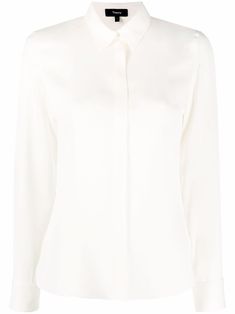 Ivory silk long-sleeve silk shirt from THEORY featuring classic collar, long sleeves, buttoned cuffs, concealed front button fastening and straight hem. | Theory Long-Sleeve Silk Shirt Work Coats, Uniform School, Beautiful Wardrobe, The Good Doctor, It Bags, Chronological Order, Good Doctor, Designer Shirts, Luxury Logo