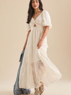 Featuring intricate floral embroidery, romantic puff sleeves, and lace detailing, this dress exudes sophistication. The small cutout and flowing silhouette ensures all-day comfort and style. Ivory Dress Boho, Neutral Dresses Fall, Simple Flowy Long Dress, Long White Dress With Sleeves Casual, Flowy Long Sleeve Midi Dress, Cream Dresses Fall, Fall Photos White Dress, Women White Long Dress, Cute Dresses For Engagement Pictures