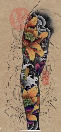 an artistic tattoo design with flowers on the arm and leg, done in black ink