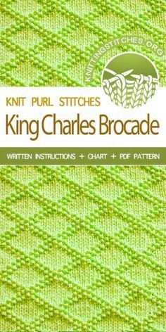 the king charles brocade knitting pattern is shown in green and white, with text that reads