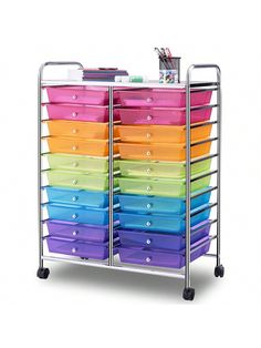 a metal rack with many different colored bins on it's sides and drawers