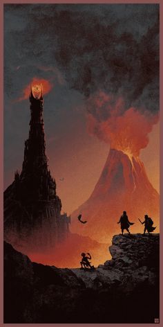 the silhouettes of two people standing on top of a hill with a tower in the background