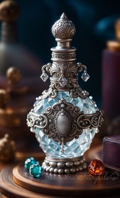 an ornate perfume bottle sitting on top of a wooden table next to other glass items