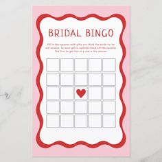 the bridal bingo game is shown on a white surface with red trimmings