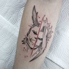 a tattoo on the leg of a person with a knife in his hand and another face behind it